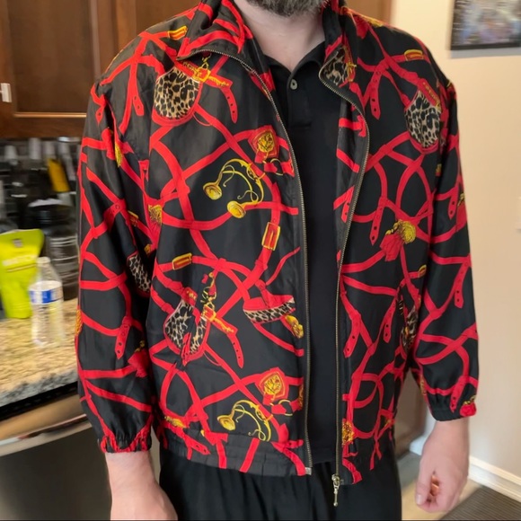 EVR Vintage 100% Silk Gold Accessories Gold Belts Print Red Zip Up Bomber Jacket - Picture 10 of 12
